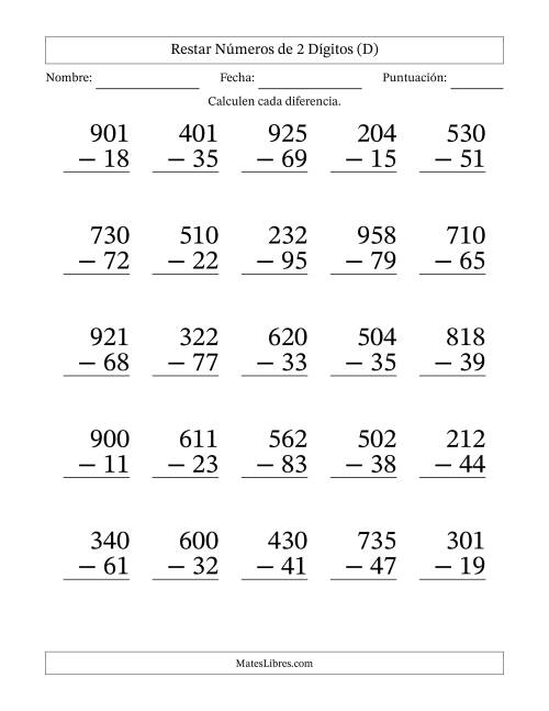 La hoja de ejercicios de Restar números de 2 dígitos con acarreo en todas las preguntas (25 preguntas) - Formato Grande (D)