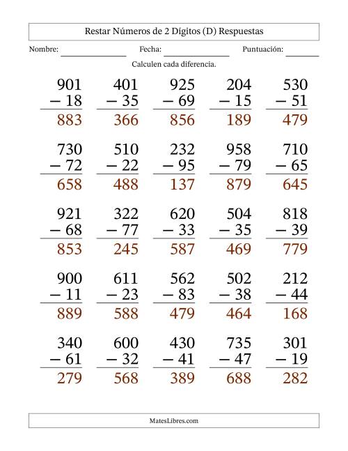 La hoja de ejercicios de Restar números de 2 dígitos con acarreo en todas las preguntas (25 preguntas) - Formato Grande (D) Página 2