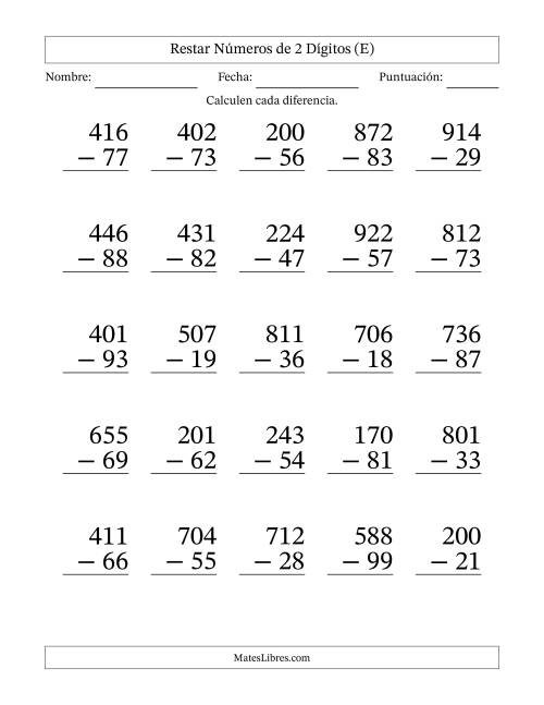 La hoja de ejercicios de Restar números de 2 dígitos con acarreo en todas las preguntas (25 preguntas) - Formato Grande (E)
