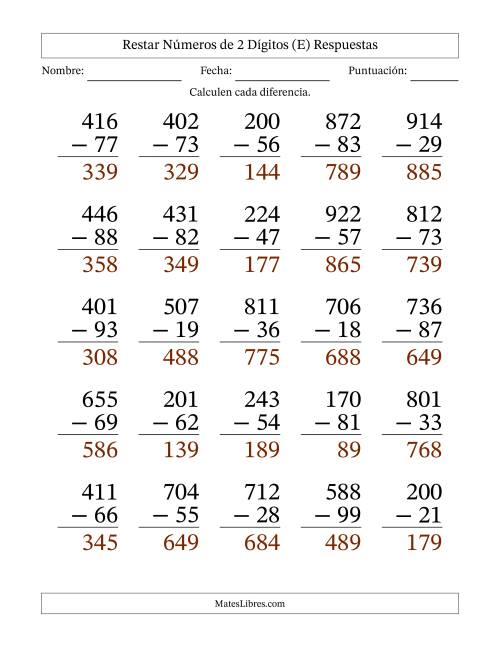 La hoja de ejercicios de Restar números de 2 dígitos con acarreo en todas las preguntas (25 preguntas) - Formato Grande (E) Página 2