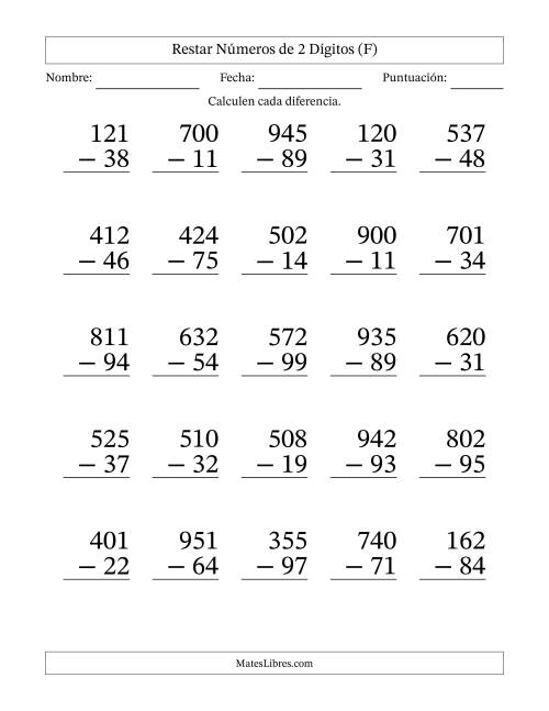 La hoja de ejercicios de Restar números de 2 dígitos con acarreo en todas las preguntas (25 preguntas) - Formato Grande (F)