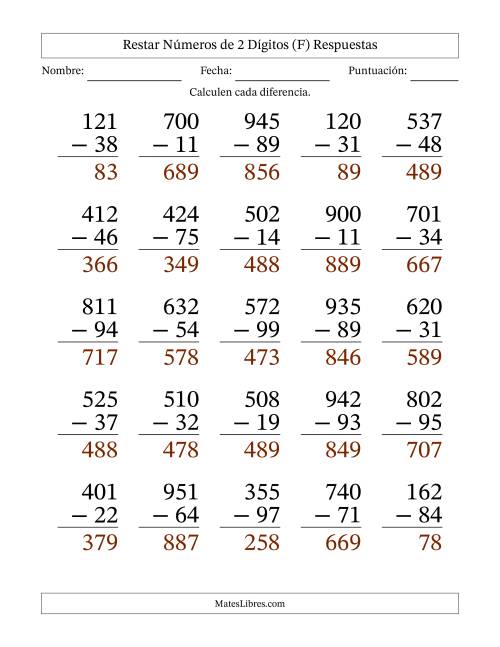 La hoja de ejercicios de Restar números de 2 dígitos con acarreo en todas las preguntas (25 preguntas) - Formato Grande (F) Página 2