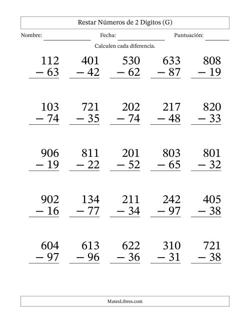 La hoja de ejercicios de Restar números de 2 dígitos con acarreo en todas las preguntas (25 preguntas) - Formato Grande (G)