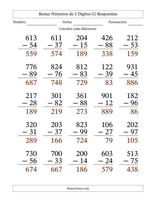 La hoja de ejercicios de Restar números de 2 dígitos con acarreo en todas las preguntas (25 preguntas) - Formato Grande (I) Página 2