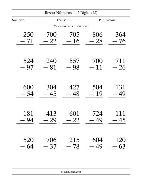 La hoja de ejercicios de Restar números de 2 dígitos con acarreo en todas las preguntas (25 preguntas) - Formato Grande (J)