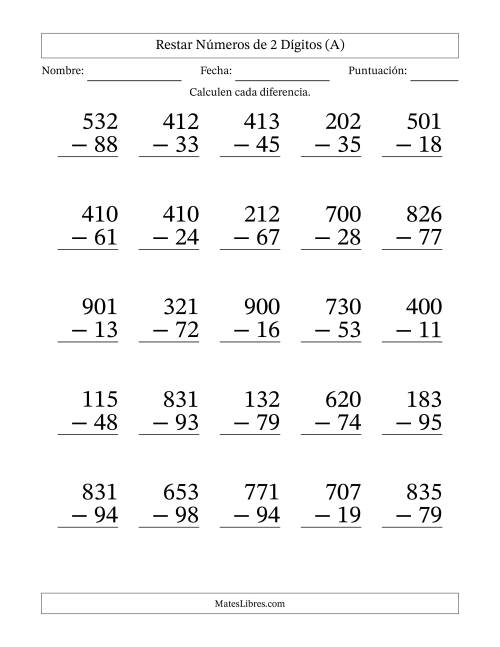 La hoja de ejercicios de Restar números de 2 dígitos con acarreo en todas las preguntas (25 preguntas) - Formato Grande (Todas)