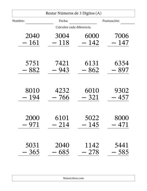 La hoja de ejercicios de Restar números de 3 dígitos con acarreo en todas las preguntas (20 preguntas) - Formato Grande (A)