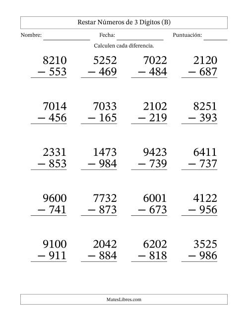 La hoja de ejercicios de Restar números de 3 dígitos con acarreo en todas las preguntas (20 preguntas) - Formato Grande (B)
