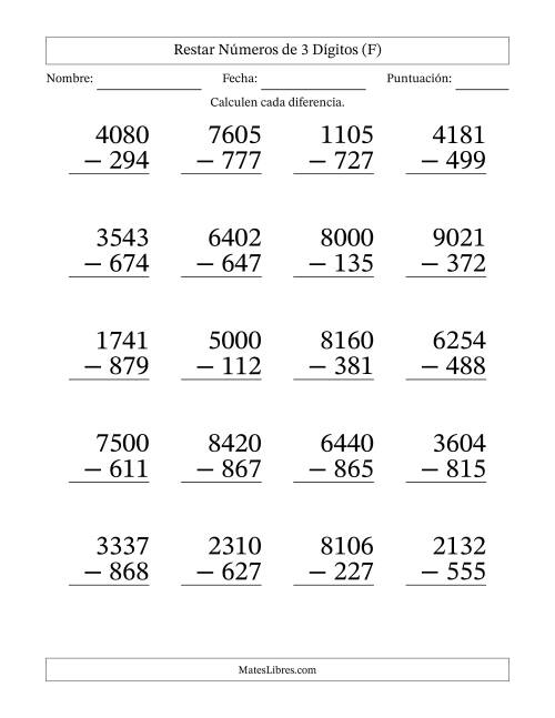 La hoja de ejercicios de Restar números de 3 dígitos con acarreo en todas las preguntas (20 preguntas) - Formato Grande (F)