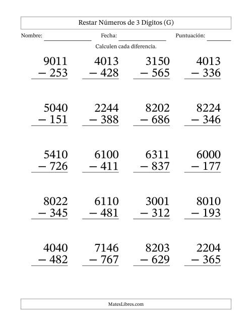La hoja de ejercicios de Restar números de 3 dígitos con acarreo en todas las preguntas (20 preguntas) - Formato Grande (G)