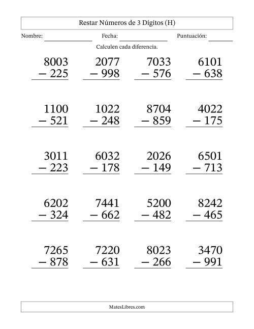 La hoja de ejercicios de Restar números de 3 dígitos con acarreo en todas las preguntas (20 preguntas) - Formato Grande (H)