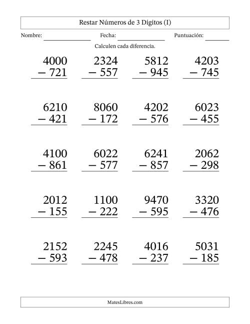 La hoja de ejercicios de Restar números de 3 dígitos con acarreo en todas las preguntas (20 preguntas) - Formato Grande (I)