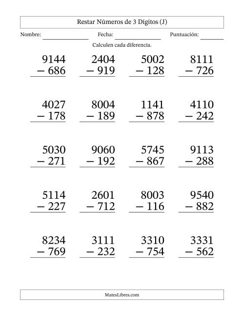 La hoja de ejercicios de Restar números de 3 dígitos con acarreo en todas las preguntas (20 preguntas) - Formato Grande (J)