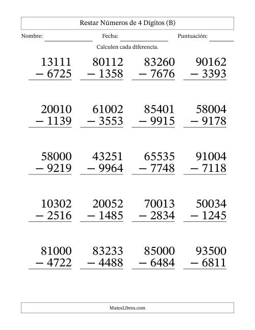 La hoja de ejercicios de Restar números de 4 dígitos con acarreo en todas las preguntas (20 preguntas) - Formato Grande (B)