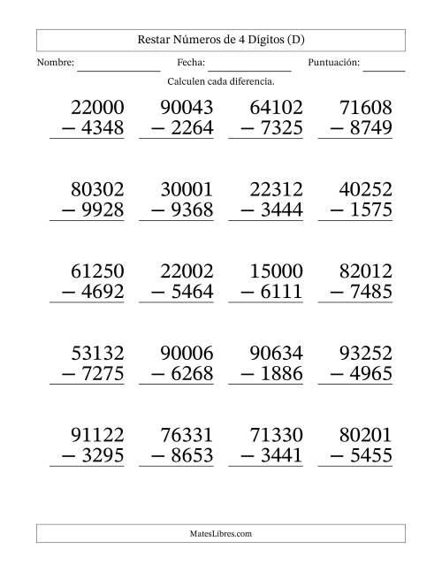 La hoja de ejercicios de Restar números de 4 dígitos con acarreo en todas las preguntas (20 preguntas) - Formato Grande (D)
