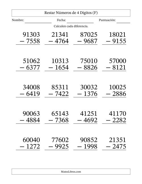 La hoja de ejercicios de Restar números de 4 dígitos con acarreo en todas las preguntas (20 preguntas) - Formato Grande (F)