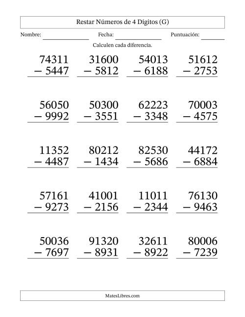 La hoja de ejercicios de Restar números de 4 dígitos con acarreo en todas las preguntas (20 preguntas) - Formato Grande (G)