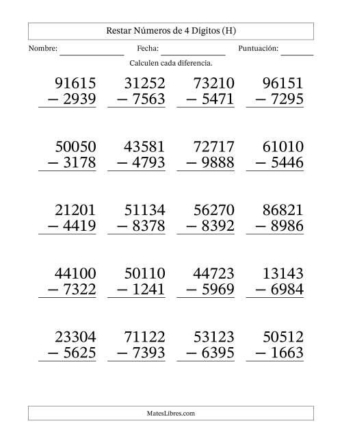 La hoja de ejercicios de Restar números de 4 dígitos con acarreo en todas las preguntas (20 preguntas) - Formato Grande (H)