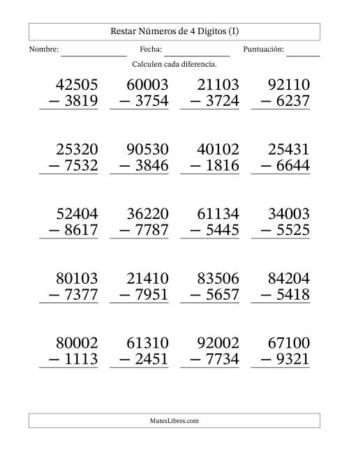 La hoja de ejercicios de Restar números de 4 dígitos con acarreo en todas las preguntas (20 preguntas) - Formato Grande (I)
