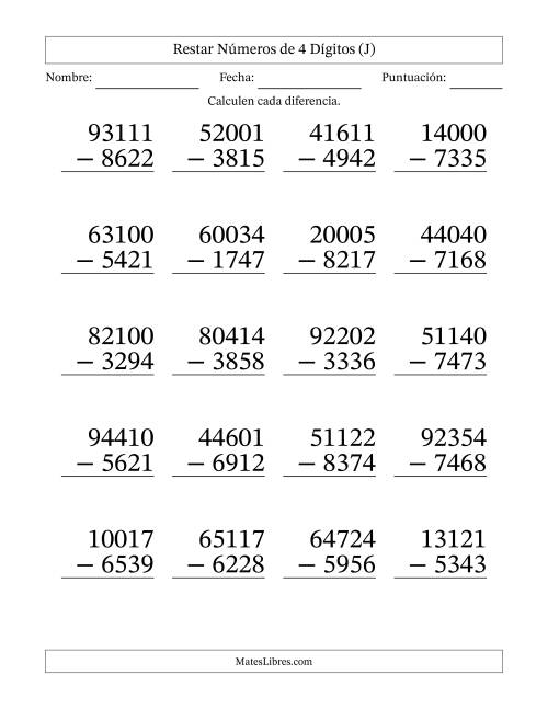 La hoja de ejercicios de Restar números de 4 dígitos con acarreo en todas las preguntas (20 preguntas) - Formato Grande (J)