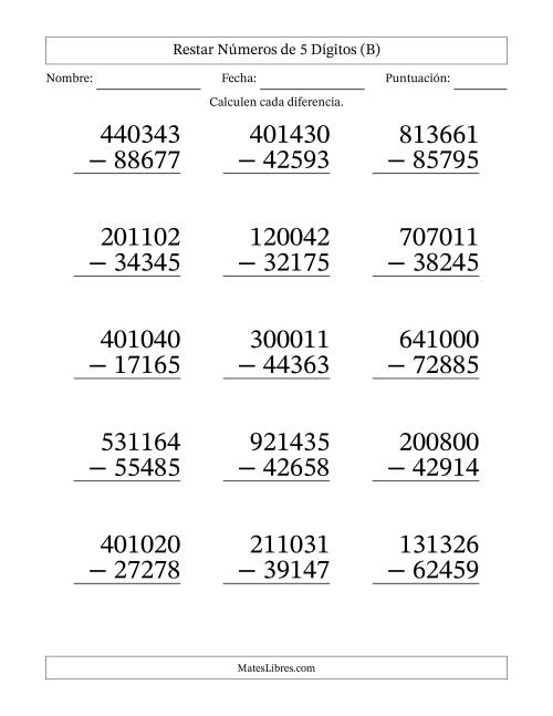 La hoja de ejercicios de Restar números de 5 dígitos con acarreo en todas las preguntas (15 preguntas) - Formato Grande (B)
