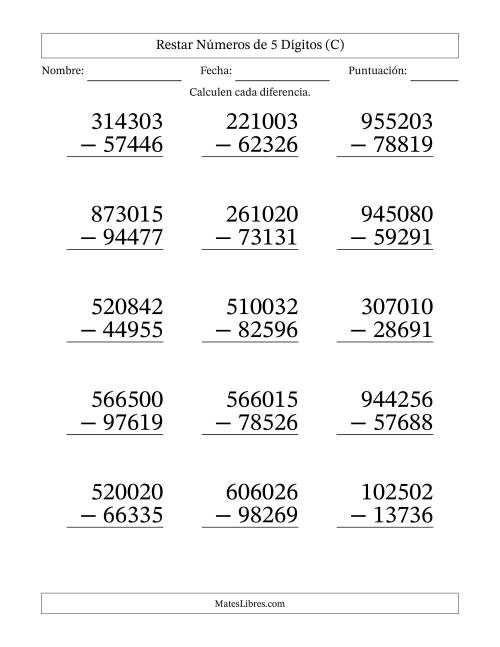 La hoja de ejercicios de Restar números de 5 dígitos con acarreo en todas las preguntas (15 preguntas) - Formato Grande (C)