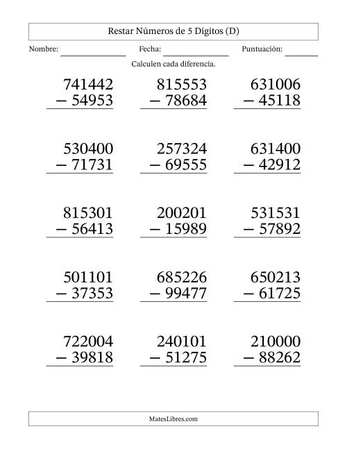 La hoja de ejercicios de Restar números de 5 dígitos con acarreo en todas las preguntas (15 preguntas) - Formato Grande (D)