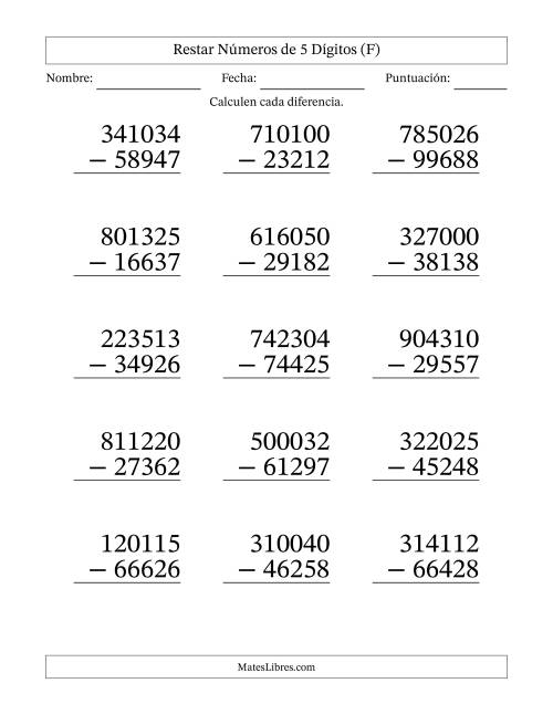 La hoja de ejercicios de Restar números de 5 dígitos con acarreo en todas las preguntas (15 preguntas) - Formato Grande (F)