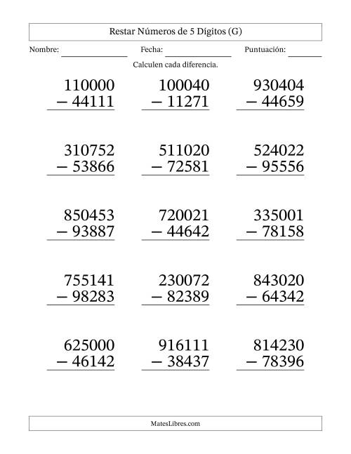 La hoja de ejercicios de Restar números de 5 dígitos con acarreo en todas las preguntas (15 preguntas) - Formato Grande (G)