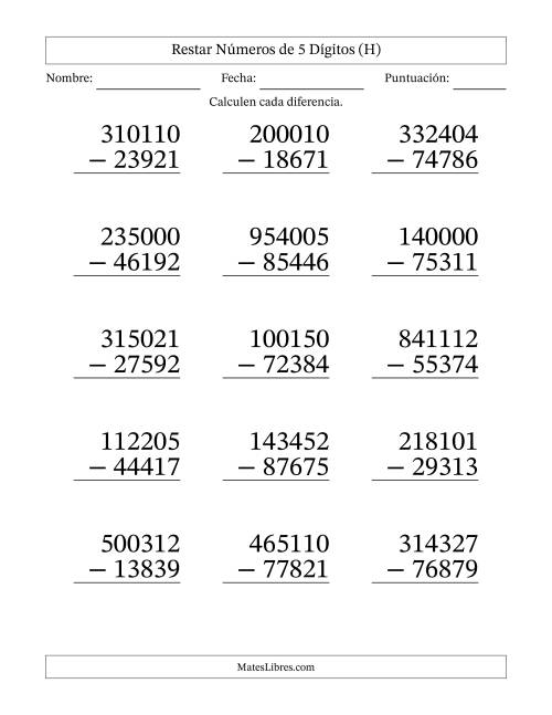 La hoja de ejercicios de Restar números de 5 dígitos con acarreo en todas las preguntas (15 preguntas) - Formato Grande (H)