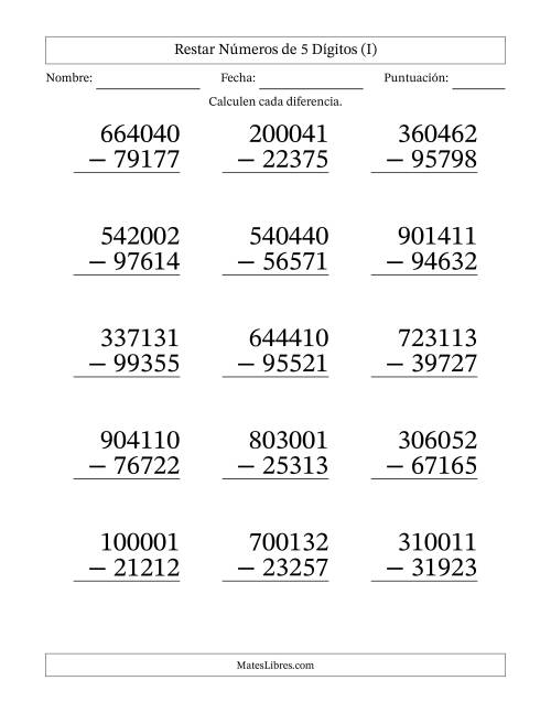 La hoja de ejercicios de Restar números de 5 dígitos con acarreo en todas las preguntas (15 preguntas) - Formato Grande (I)