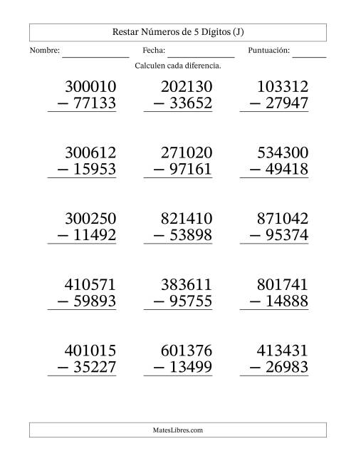 La hoja de ejercicios de Restar números de 5 dígitos con acarreo en todas las preguntas (15 preguntas) - Formato Grande (J)