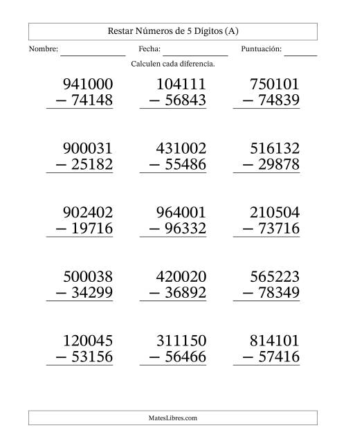 La hoja de ejercicios de Restar números de 5 dígitos con acarreo en todas las preguntas (15 preguntas) - Formato Grande (Todas)