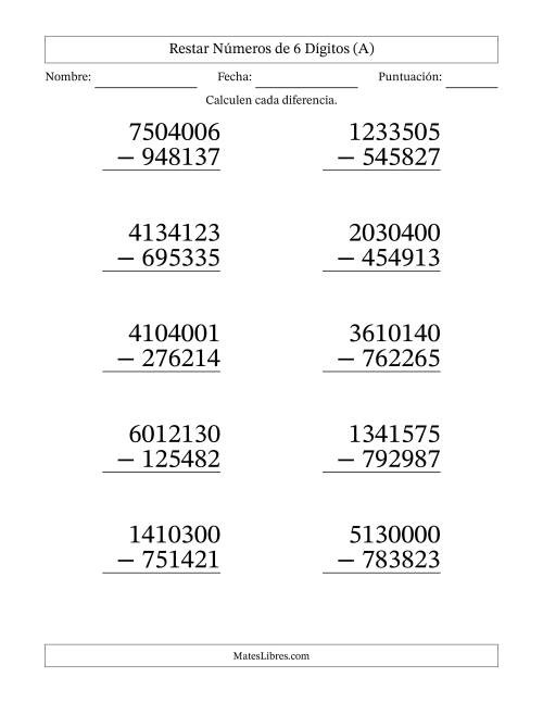 La hoja de ejercicios de Restar números de 6 dígitos con acarreo en todas las preguntas (10 preguntas) - Formato Grande (A)