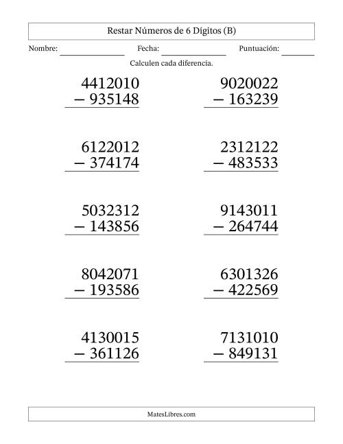 La hoja de ejercicios de Restar números de 6 dígitos con acarreo en todas las preguntas (10 preguntas) - Formato Grande (B)