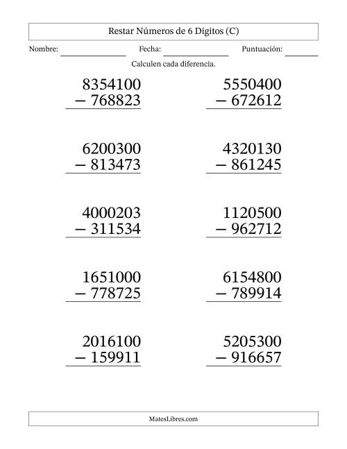 La hoja de ejercicios de Restar números de 6 dígitos con acarreo en todas las preguntas (10 preguntas) - Formato Grande (C)