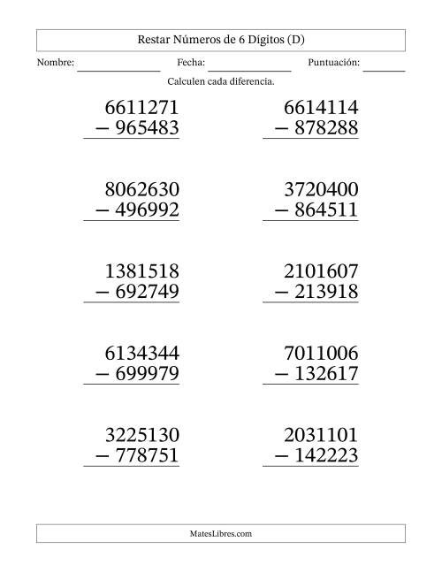 La hoja de ejercicios de Restar números de 6 dígitos con acarreo en todas las preguntas (10 preguntas) - Formato Grande (D)