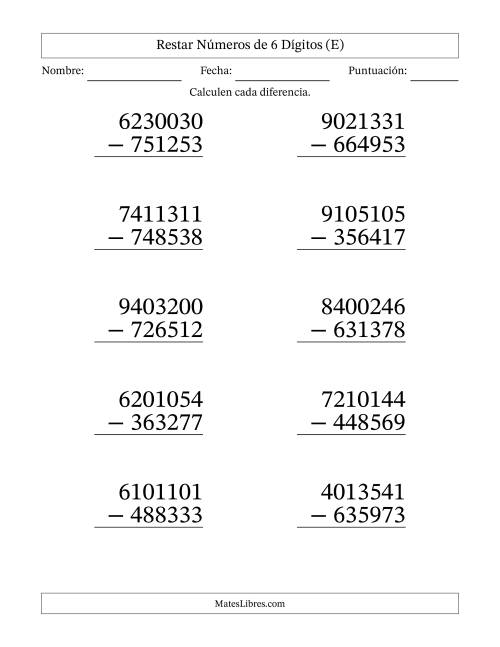 La hoja de ejercicios de Restar números de 6 dígitos con acarreo en todas las preguntas (10 preguntas) - Formato Grande (E)