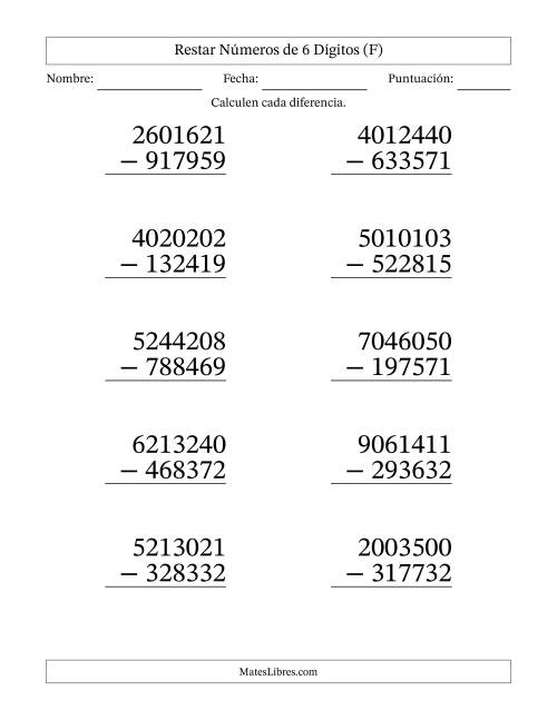 La hoja de ejercicios de Restar números de 6 dígitos con acarreo en todas las preguntas (10 preguntas) - Formato Grande (F)