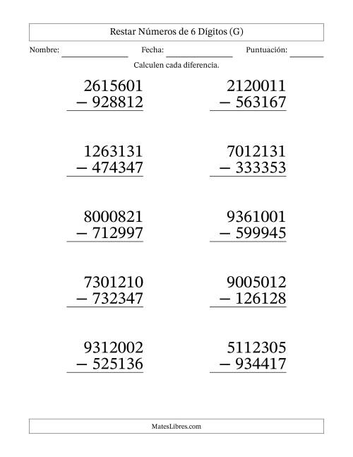 La hoja de ejercicios de Restar números de 6 dígitos con acarreo en todas las preguntas (10 preguntas) - Formato Grande (G)