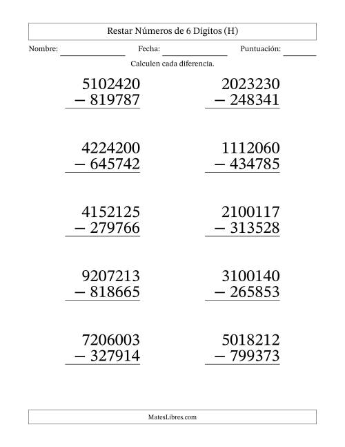 La hoja de ejercicios de Restar números de 6 dígitos con acarreo en todas las preguntas (10 preguntas) - Formato Grande (H)