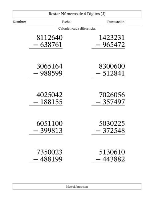 La hoja de ejercicios de Restar números de 6 dígitos con acarreo en todas las preguntas (10 preguntas) - Formato Grande (J)