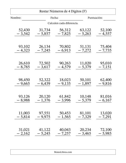 La hoja de ejercicios de Restar números de 4 dígitos con acarreo en todas las preguntas (35 preguntas) (Coma como separador de millares) (F)