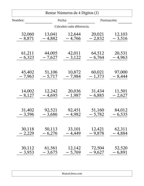 La hoja de ejercicios de Restar números de 4 dígitos con acarreo en todas las preguntas (35 preguntas) (Coma como separador de millares) (J)