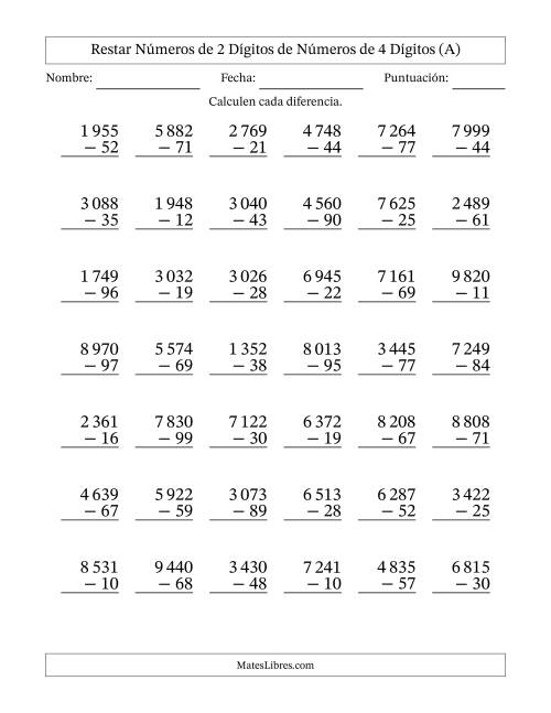 La hoja de ejercicios de Restar números de 2 dígitos de números de 4 dígitos, con acarreo en algunas preguntas (42 preguntas) (Espacio como separador de millares) (A)