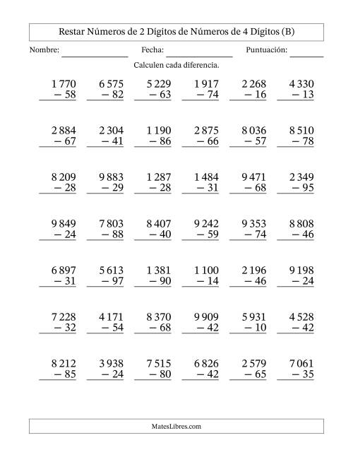 La hoja de ejercicios de Restar números de 2 dígitos de números de 4 dígitos, con acarreo en algunas preguntas (42 preguntas) (Espacio como separador de millares) (B)