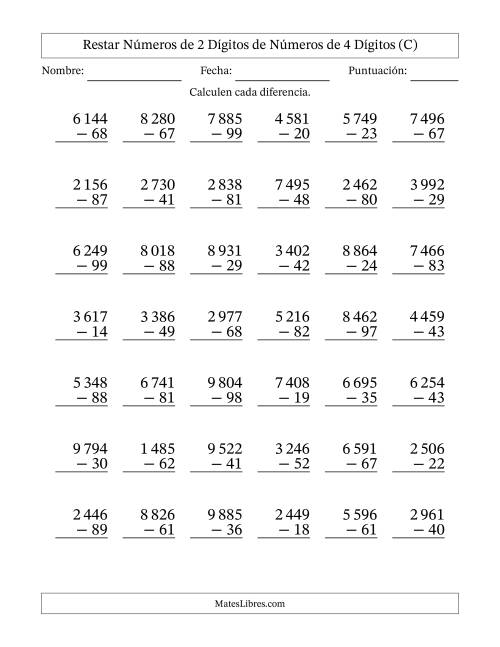 La hoja de ejercicios de Restar números de 2 dígitos de números de 4 dígitos, con acarreo en algunas preguntas (42 preguntas) (Espacio como separador de millares) (C)