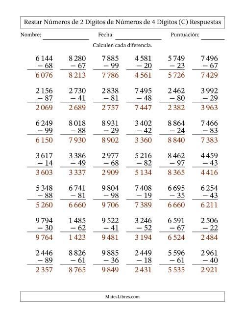 La hoja de ejercicios de Restar números de 2 dígitos de números de 4 dígitos, con acarreo en algunas preguntas (42 preguntas) (Espacio como separador de millares) (C) Página 2