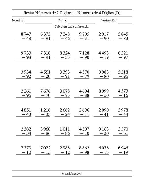 La hoja de ejercicios de Restar números de 2 dígitos de números de 4 dígitos, con acarreo en algunas preguntas (42 preguntas) (Espacio como separador de millares) (D)