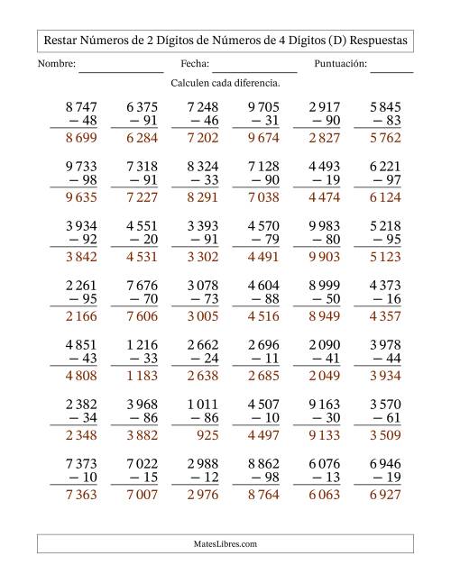 La hoja de ejercicios de Restar números de 2 dígitos de números de 4 dígitos, con acarreo en algunas preguntas (42 preguntas) (Espacio como separador de millares) (D) Página 2